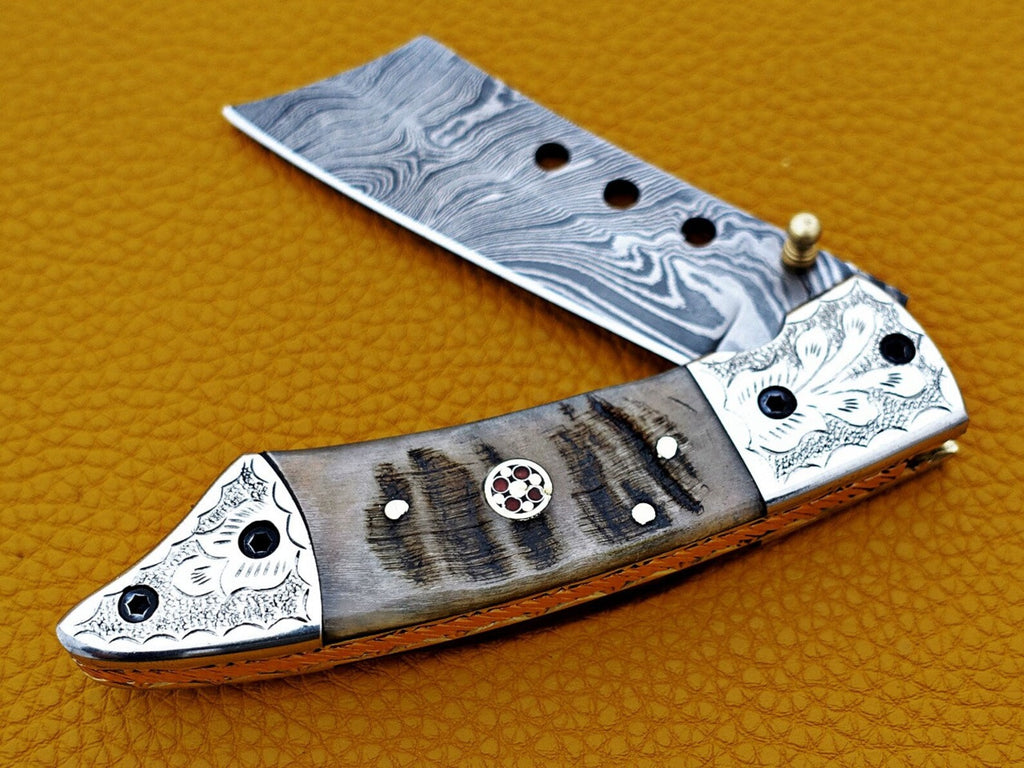 Custom Hand Forged Damascus knife with Ram handle with Leather Cover Camping Hunting Folding Knife Liner lock