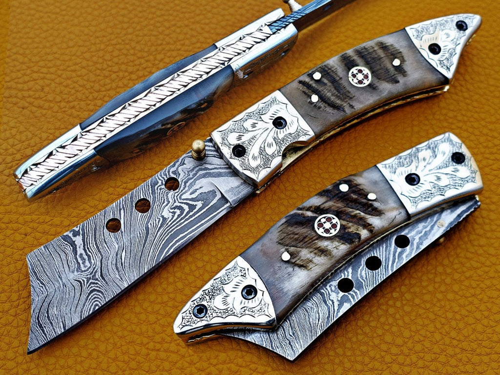 Custom Hand Forged Damascus knife with Ram handle with Leather Cover Camping Hunting Folding Knife Liner lock