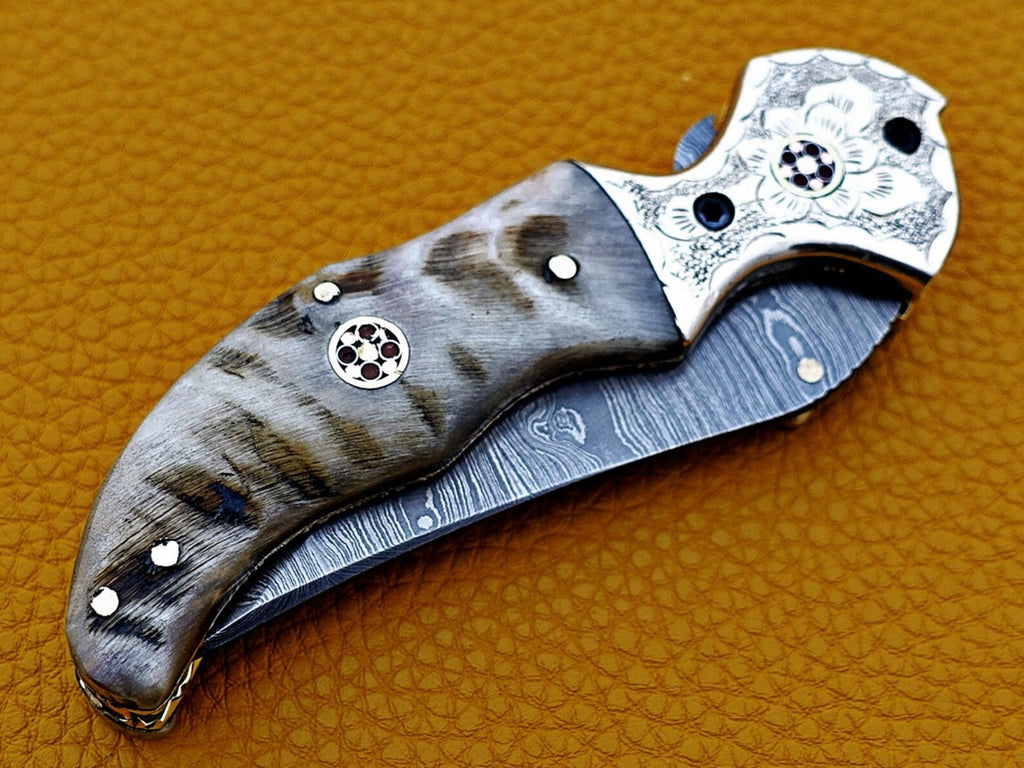 Custom Hand Forged Damascus knife with Ram handle with Leather Cover Camping Hunting Folding Knife Liner lock