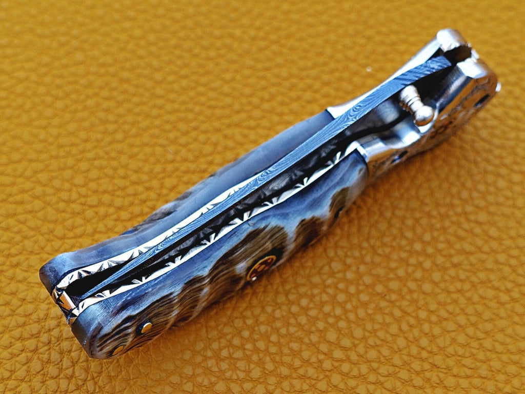Custom Hand Forged Damascus knife with Ram handle with Leather Cover Camping Hunting Folding Knife Liner lock