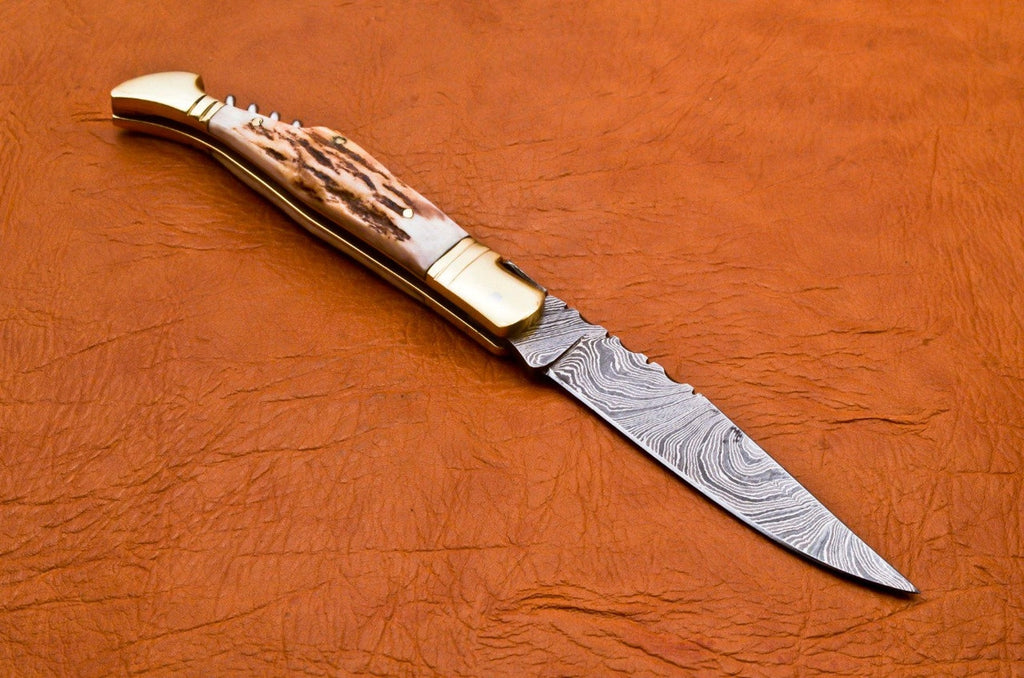 Custom Hand Forged Damascus with Antlar handle with Leather Cover Camping Hunting Folding Knife