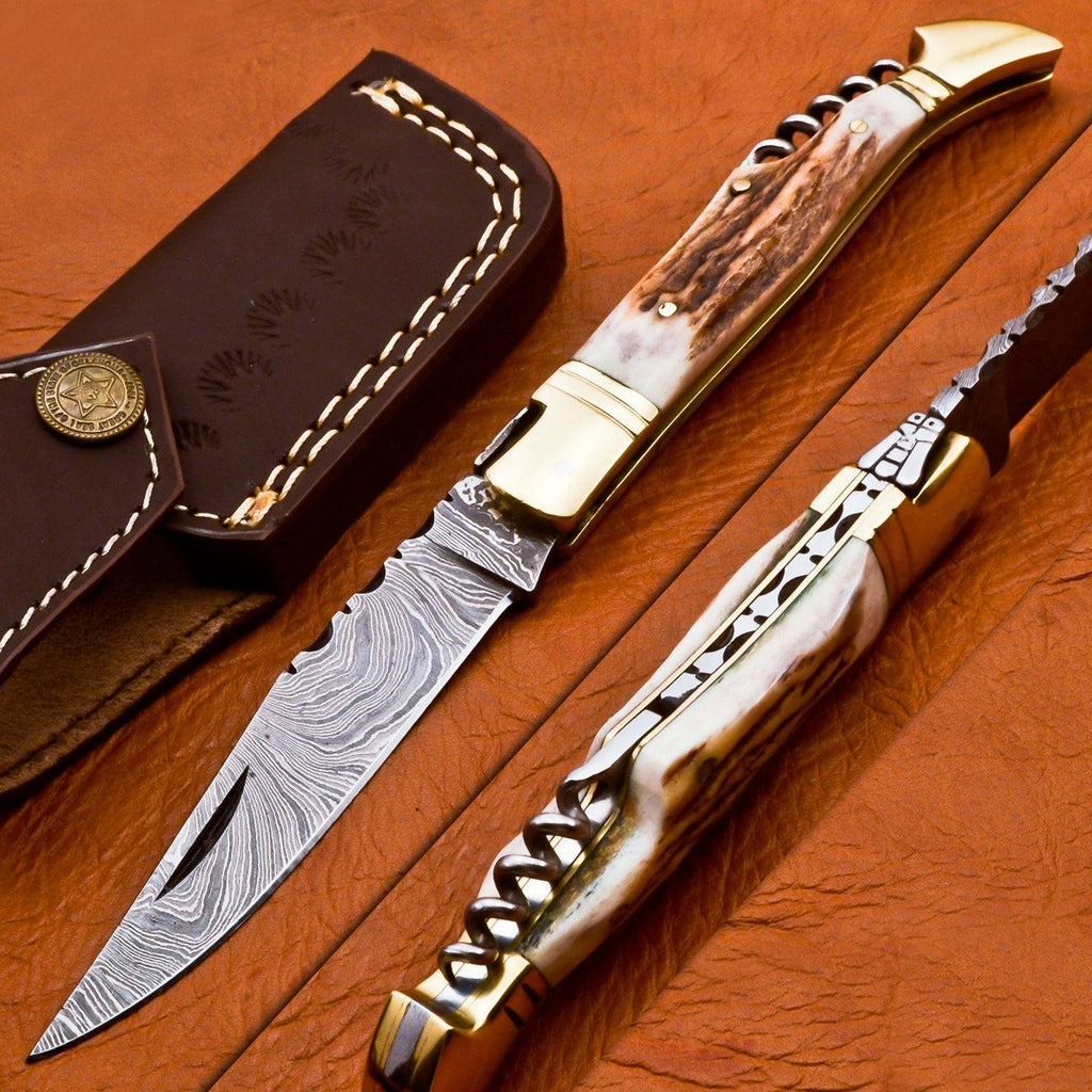 Custom Hand Forged Damascus with Antlar handle with Leather Cover Camping Hunting Folding Knife