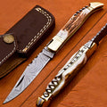 Custom Hand Forged Damascus with Antlar handle with Leather Cover Camping Hunting Folding Knife