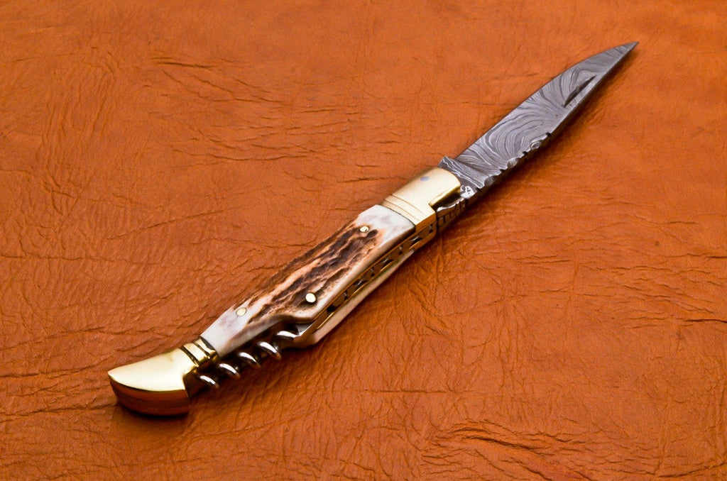 Custom Hand Forged Damascus with Antlar handle with Leather Cover Camping Hunting Folding Knife