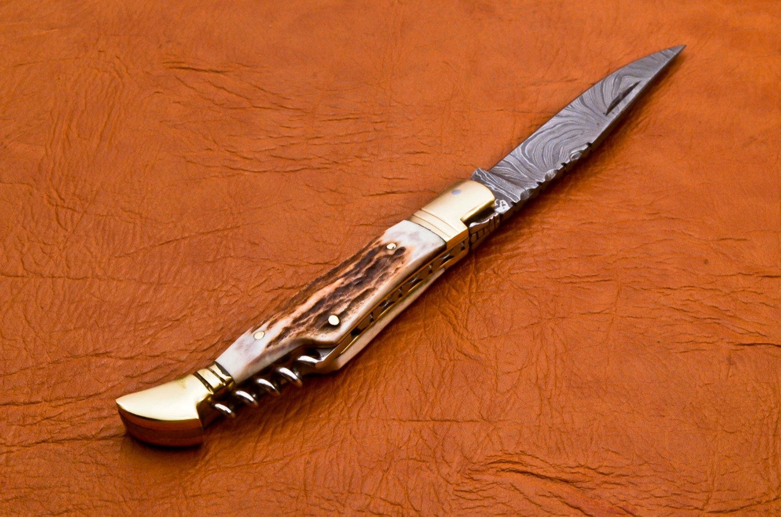 Custom Hand Forged Damascus with Antlar handle with Leather Cover Camping Hunting Folding Knife