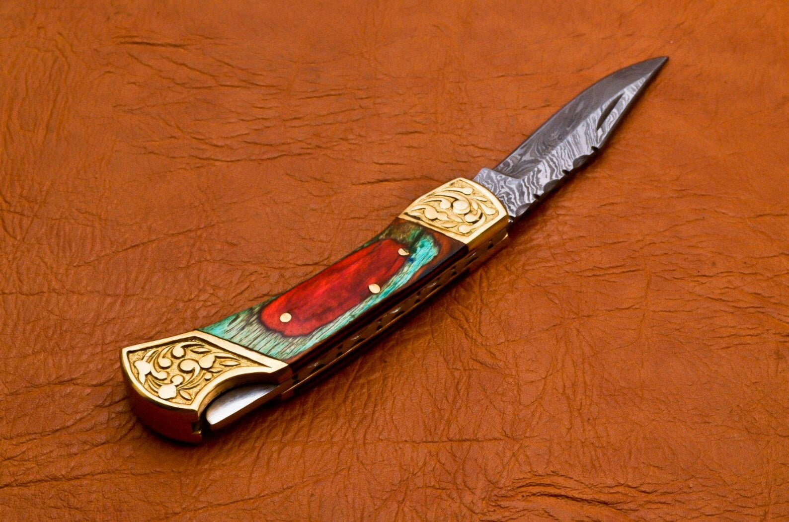 Custom Hand Forged Damascus knife Olive Wood handle with Leather Cover Camping Hunting Folding Knife Back lock