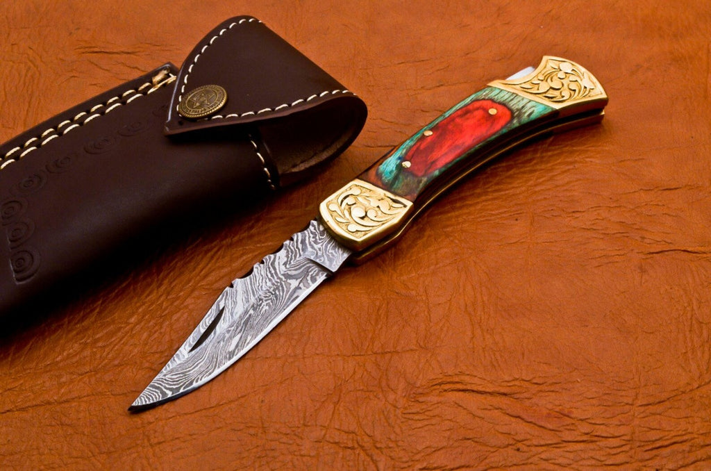 Custom Hand Forged Damascus knife Olive Wood handle with Leather Cover Camping Hunting Folding Knife Back lock