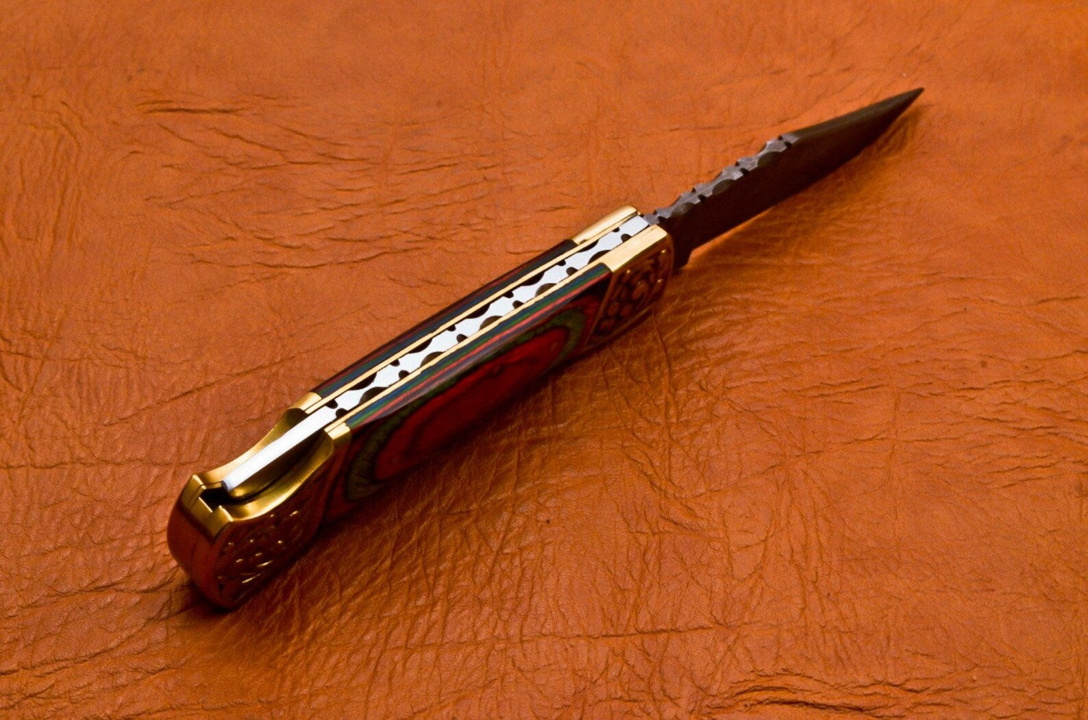 Custom Hand Forged Damascus knife Olive Wood handle with Leather Cover Camping Hunting Folding Knife Back lock