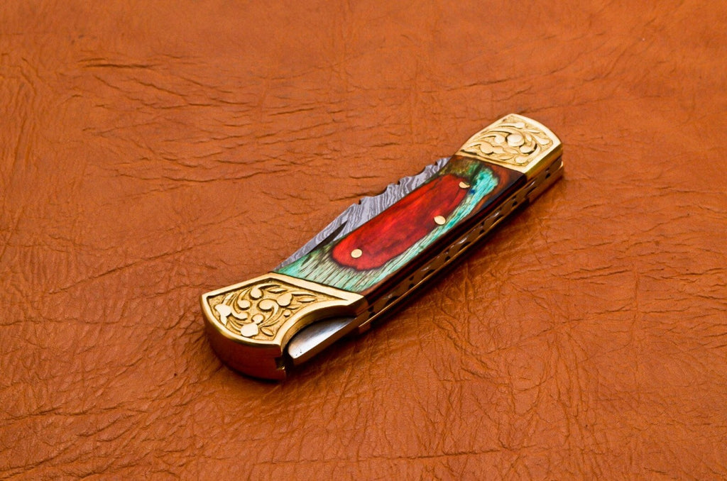 Custom Hand Forged Damascus knife Olive Wood handle with Leather Cover Camping Hunting Folding Knife Back lock