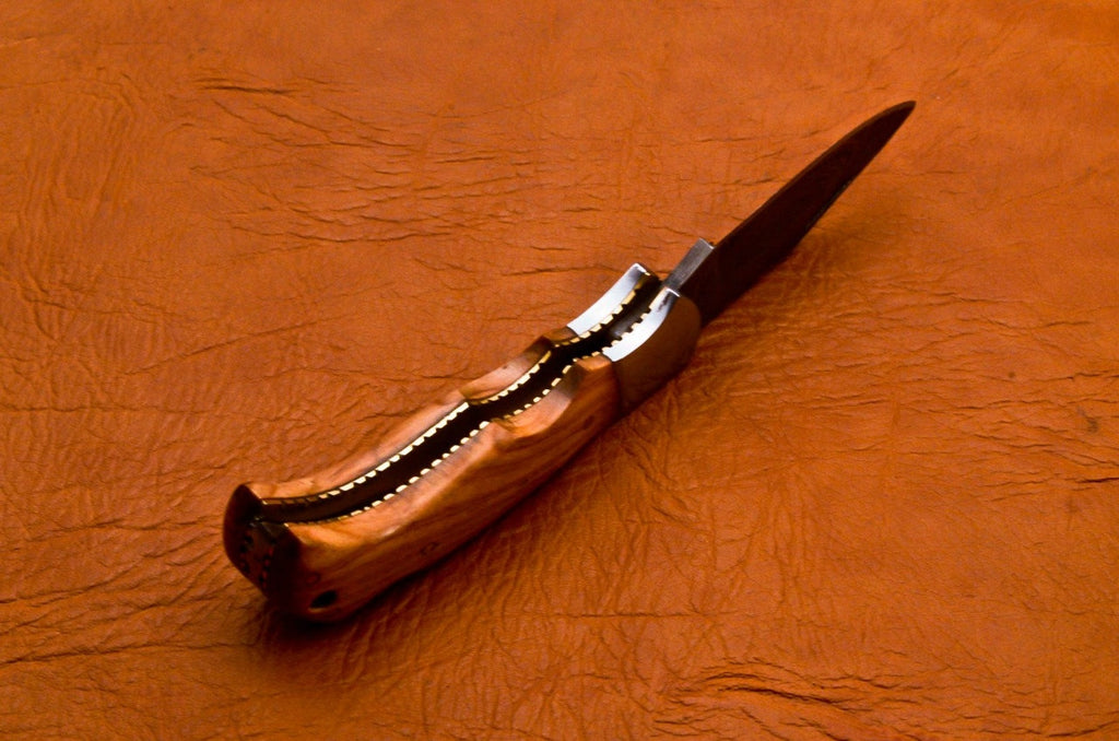 Custom Hand Forged Damascus knife Olive Wood handle with Leather Cover Camping Hunting Folding Knife Back lock