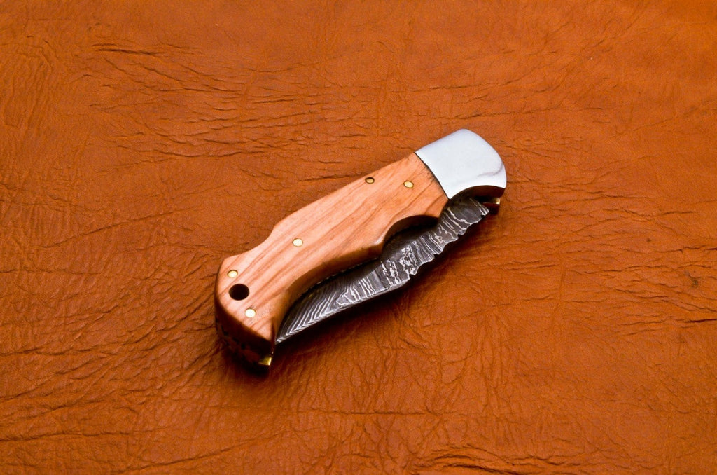 Custom Hand Forged Damascus knife Olive Wood handle with Leather Cover Camping Hunting Folding Knife Back lock