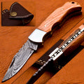 Custom Hand Forged Damascus knife Olive Wood handle with Leather Cover Camping Hunting Folding Knife Back lock