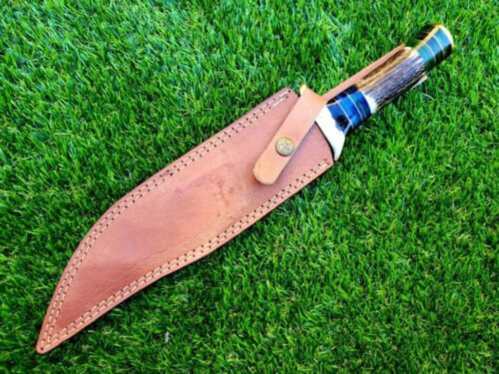 14 inch Custom FORGED DAMASCUS Steel Hunting Knife With Stag and Brass Guard Handle very beautiful knife best gift for Father day