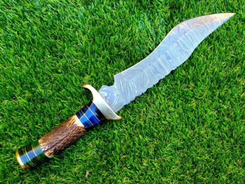 14 inch Custom FORGED DAMASCUS Steel Hunting Knife With Stag and Brass Guard Handle very beautiful knife best gift for Father day