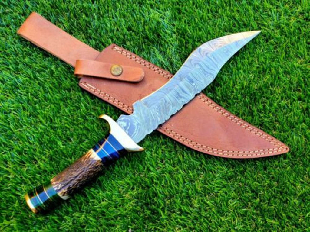 14 inch Custom FORGED DAMASCUS Steel Hunting Knife With Stag and Brass Guard Handle very beautiful knife best gift for Father day