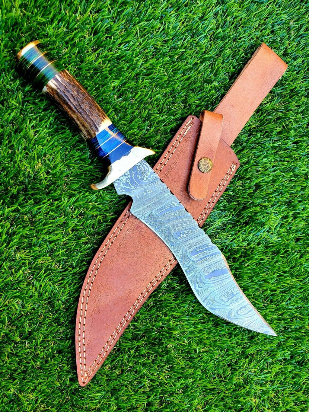 14 inch Custom FORGED DAMASCUS Steel Hunting Knife With Stag and Brass Guard Handle very beautiful knife best gift for Father day