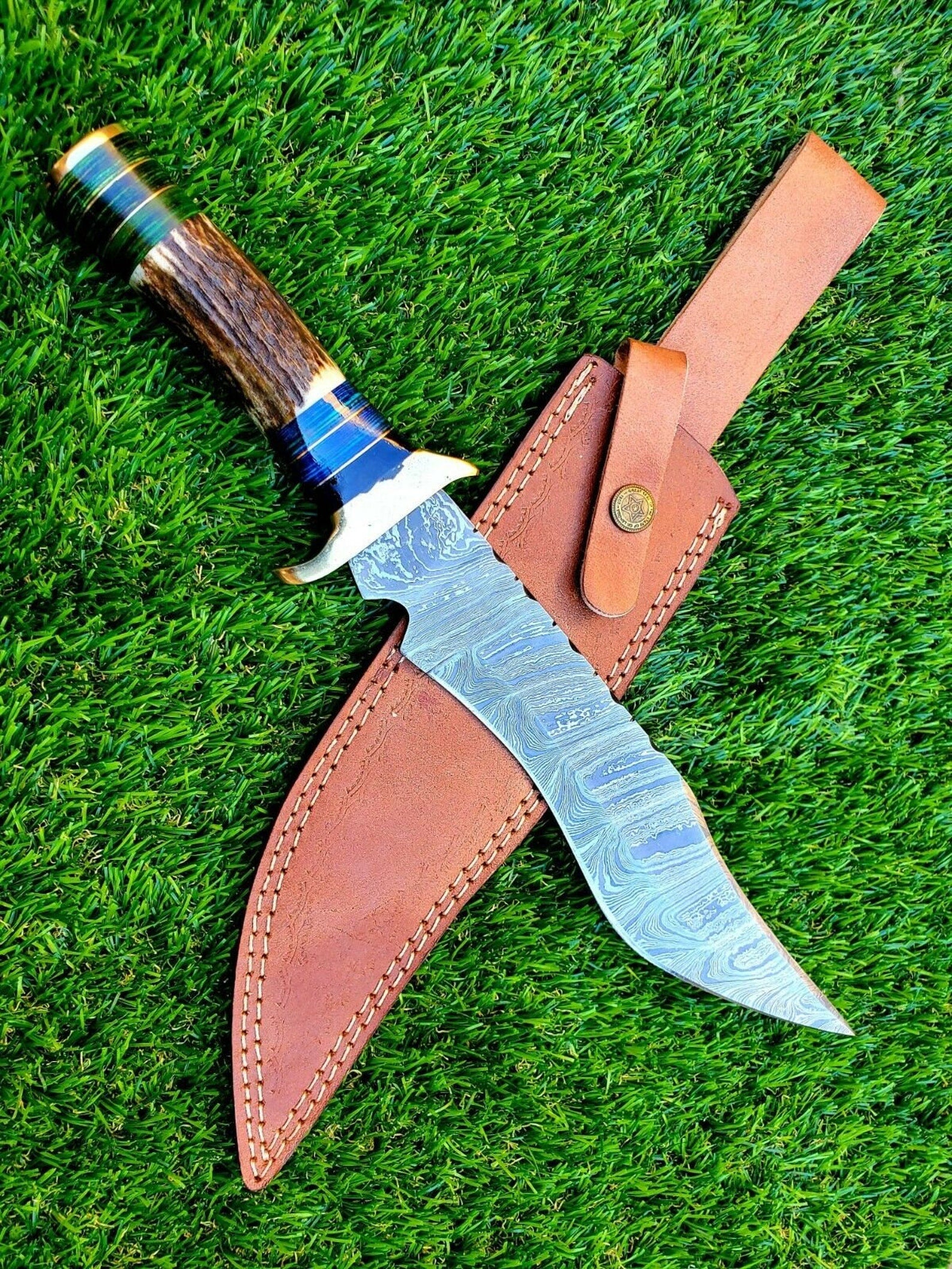 14 inch Custom FORGED DAMASCUS Steel Hunting Knife With Stag and Brass Guard Handle very beautiful knife best gift for Father day