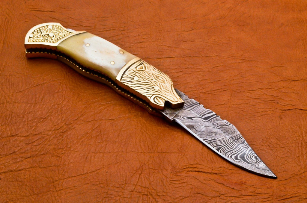 Custom Hand Forged Damascus knife Camle Bone handle with Leather Cover Camping Hunting Folding Knife Back lock Groomsman Gift