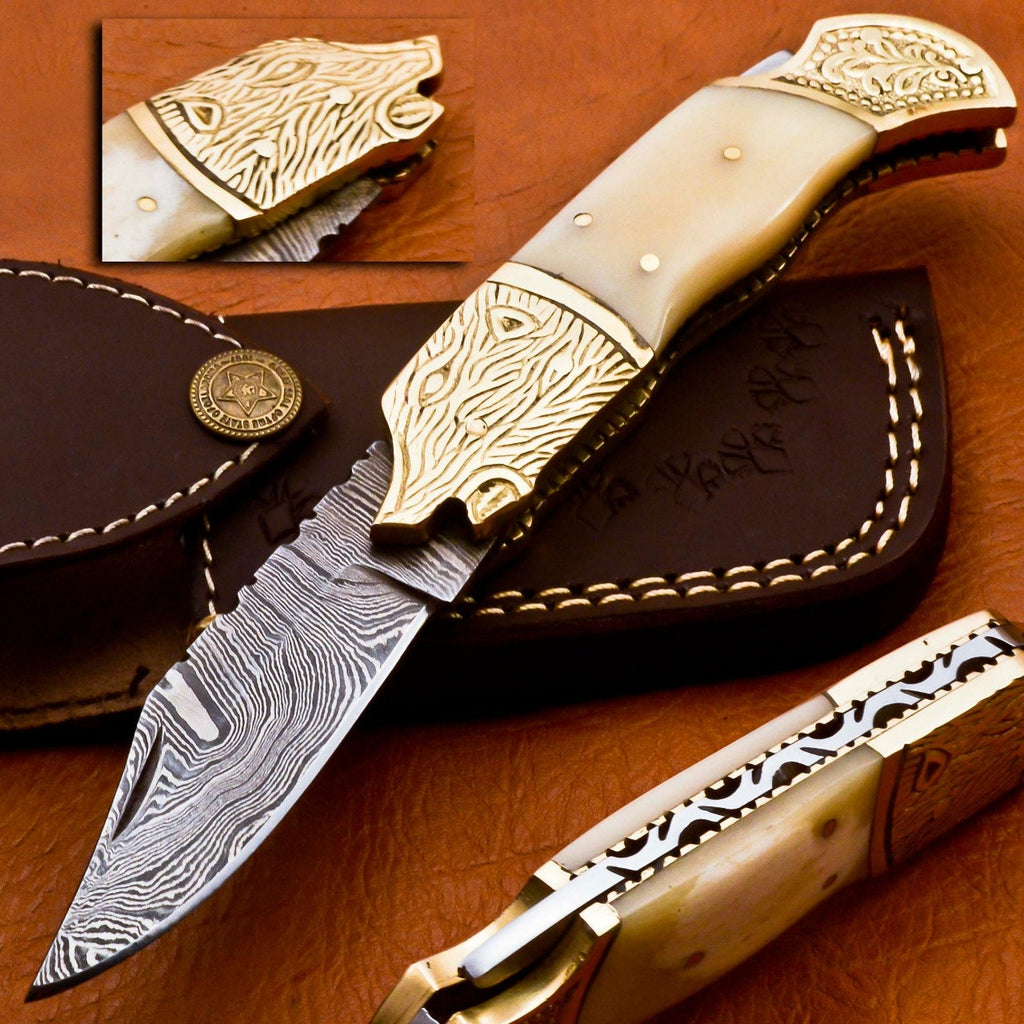 Custom Hand Forged Damascus knife Camle Bone handle with Leather Cover Camping Hunting Folding Knife Back lock Groomsman Gift