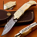Custom Hand Forged Damascus knife Camle Bone handle with Leather Cover Camping Hunting Folding Knife Back lock Groomsman Gift