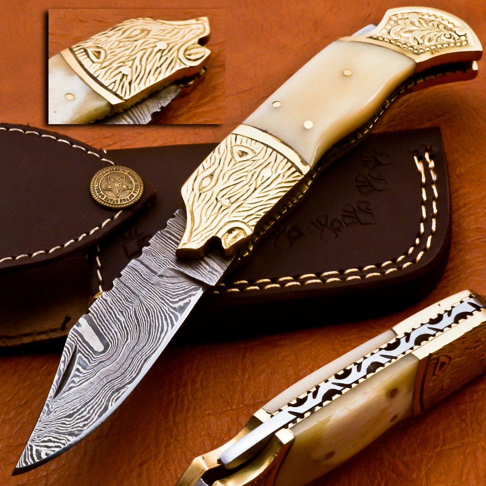 Custom Hand Forged Damascus knife Camle Bone handle with Leather Cover Camping Hunting Folding Knife Back lock Groomsman Gift