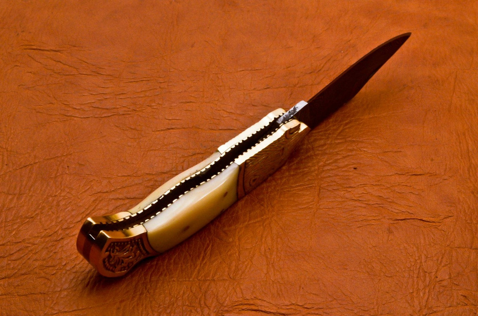 Custom Hand Forged Damascus knife Camle Bone handle with Leather Cover Camping Hunting Folding Knife Back lock Groomsman Gift
