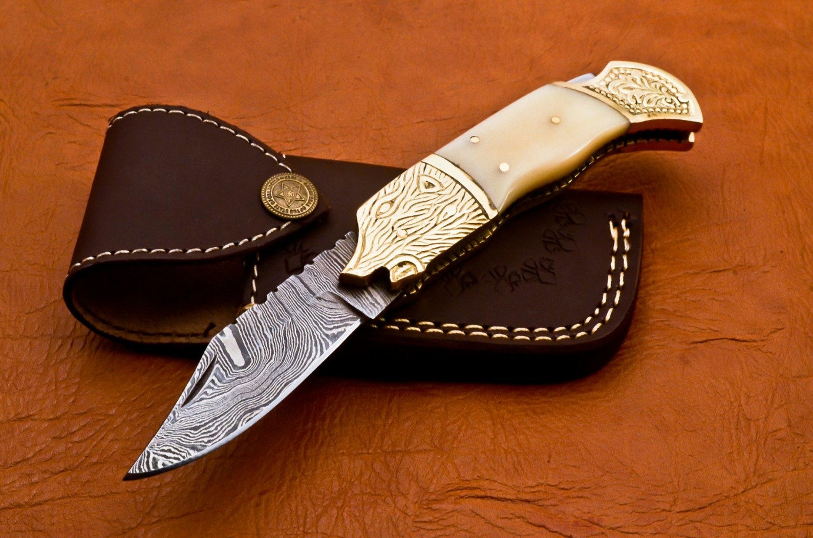 Custom Hand Forged Damascus knife Camle Bone handle with Leather Cover Camping Hunting Folding Knife Back lock Groomsman Gift