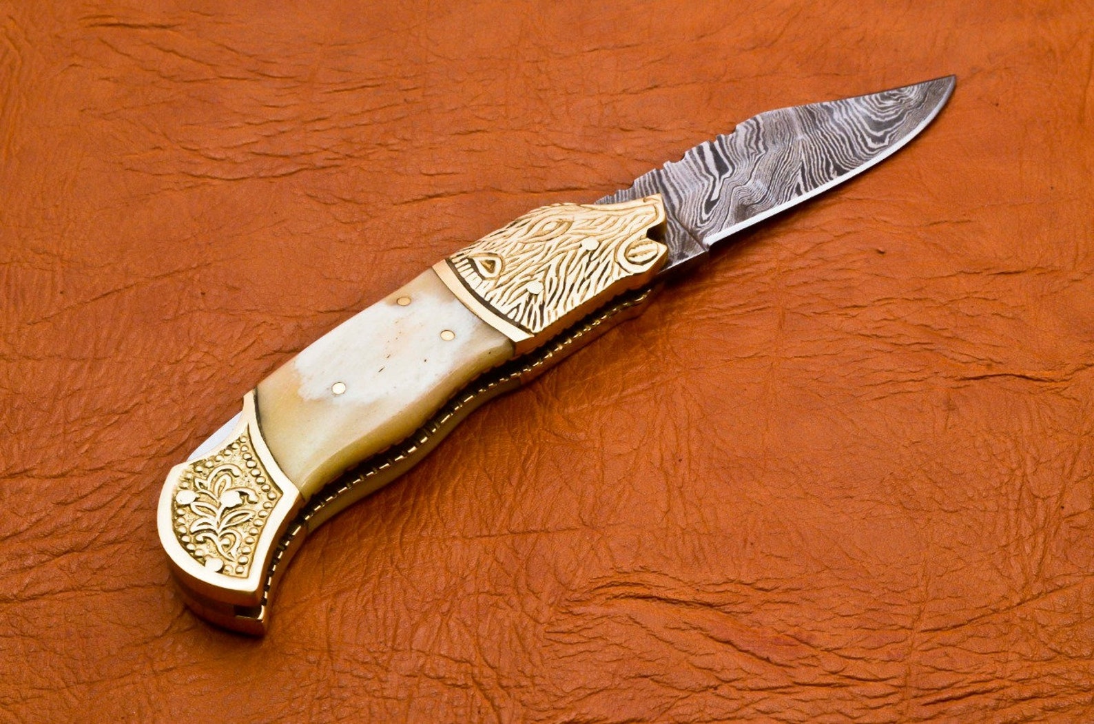 Custom Hand Forged Damascus knife Camle Bone handle with Leather Cover Camping Hunting Folding Knife Back lock Groomsman Gift