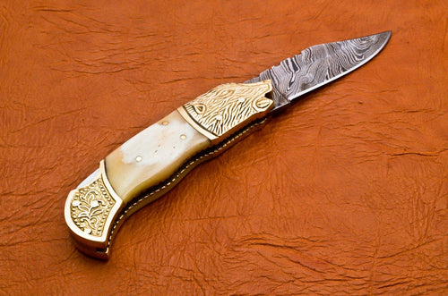 Custom Hand Forged Damascus knife Camle Bone handle with Leather Cover Camping Hunting Folding Knife Back lock Groomsman Gift