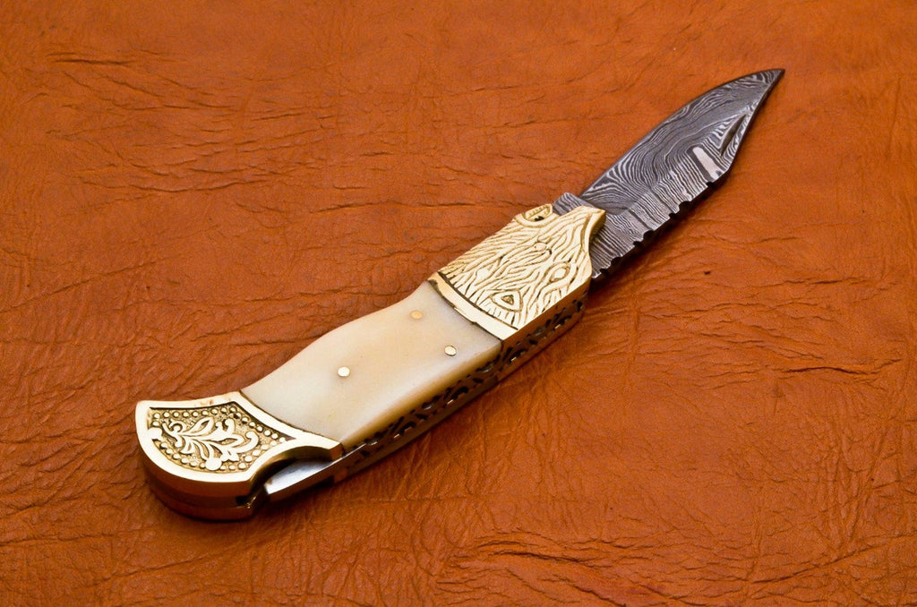 Custom Hand Forged Damascus knife Camle Bone handle with Leather Cover Camping Hunting Folding Knife Back lock Groomsman Gift