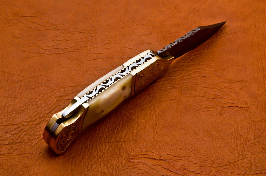 Custom Hand Forged Damascus knife Camle Bone handle with Leather Cover Camping Hunting Folding Knife Back lock Groomsman Gift