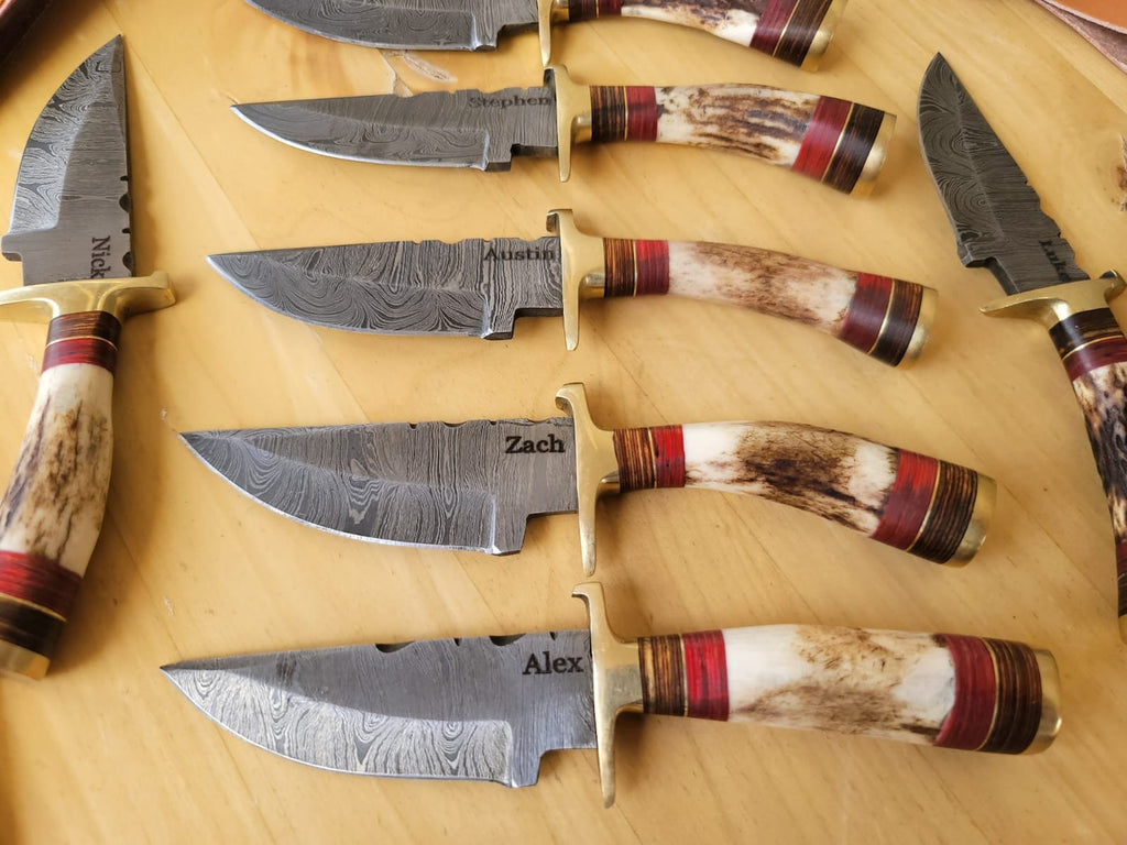 Personalized 8 inch Damascus Steel Hunting knife Handle Deer Antler W leather Cover