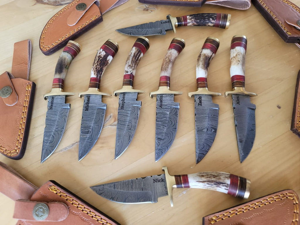 Personalized 8 inch Damascus Steel Hunting knife Handle Deer Antler W leather Cover