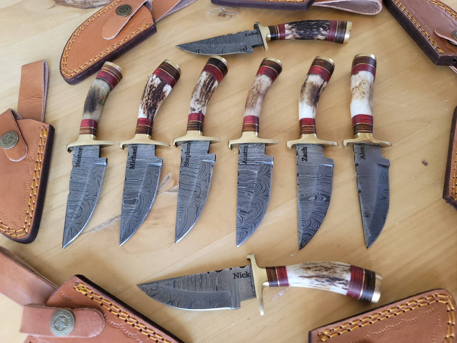 Personalized 8 inch Damascus Steel Hunting knife Handle Deer Antler W leather Cover