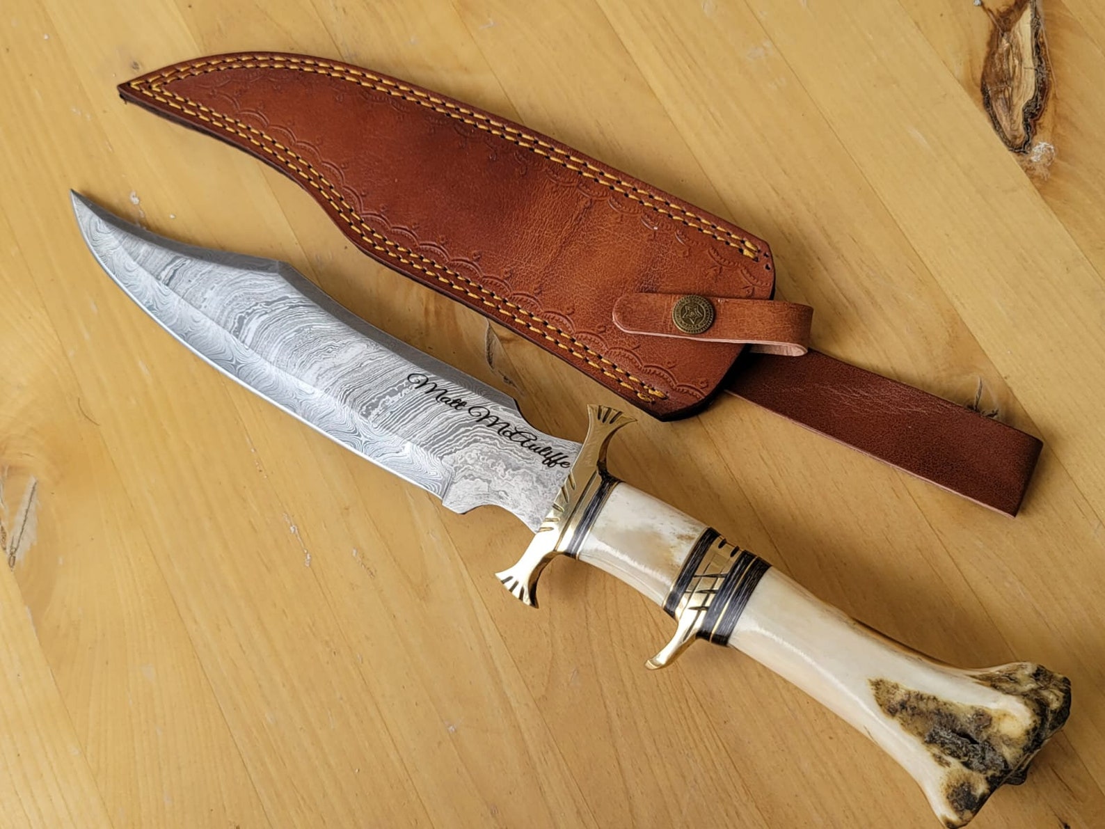 Personalized Damascus knife Gift Forged DAMASCUS Steel Hunting Knife With Camle BONE Handle, Gift for him, Outdoor Knife gift