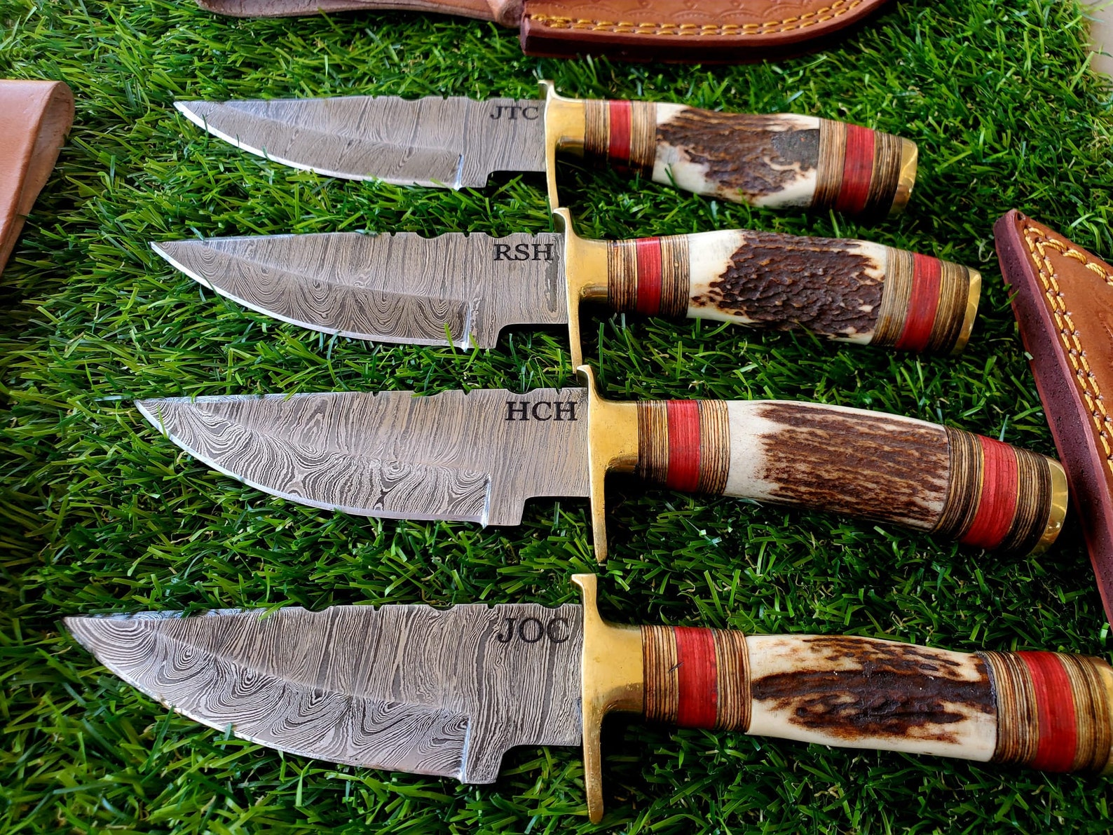 Personalized Set of Groomsmen Damascus Steel Hunting knife Handle Deer Antler