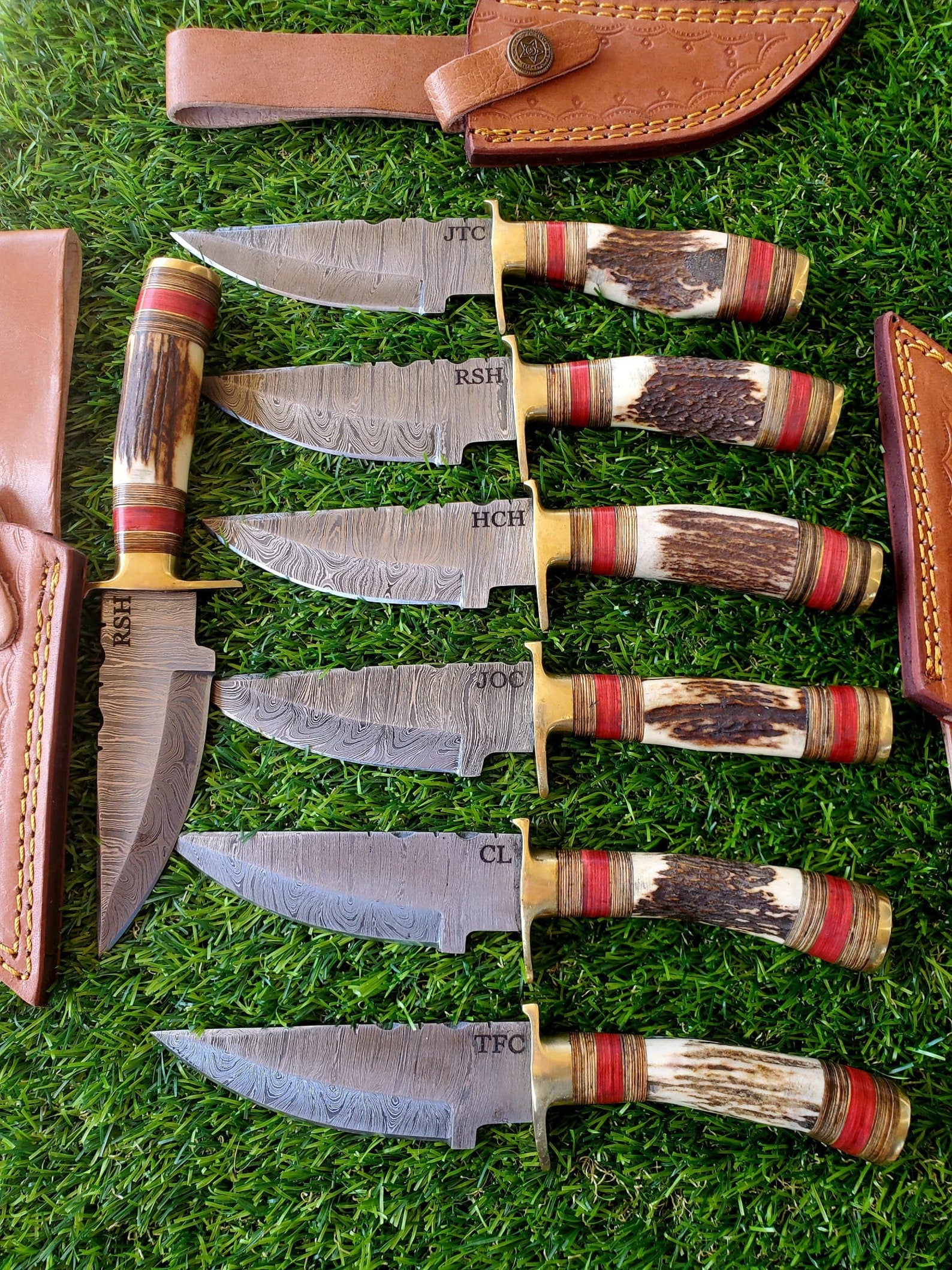 Personalized Set of Groomsmen Damascus Steel Hunting knife Handle Deer Antler