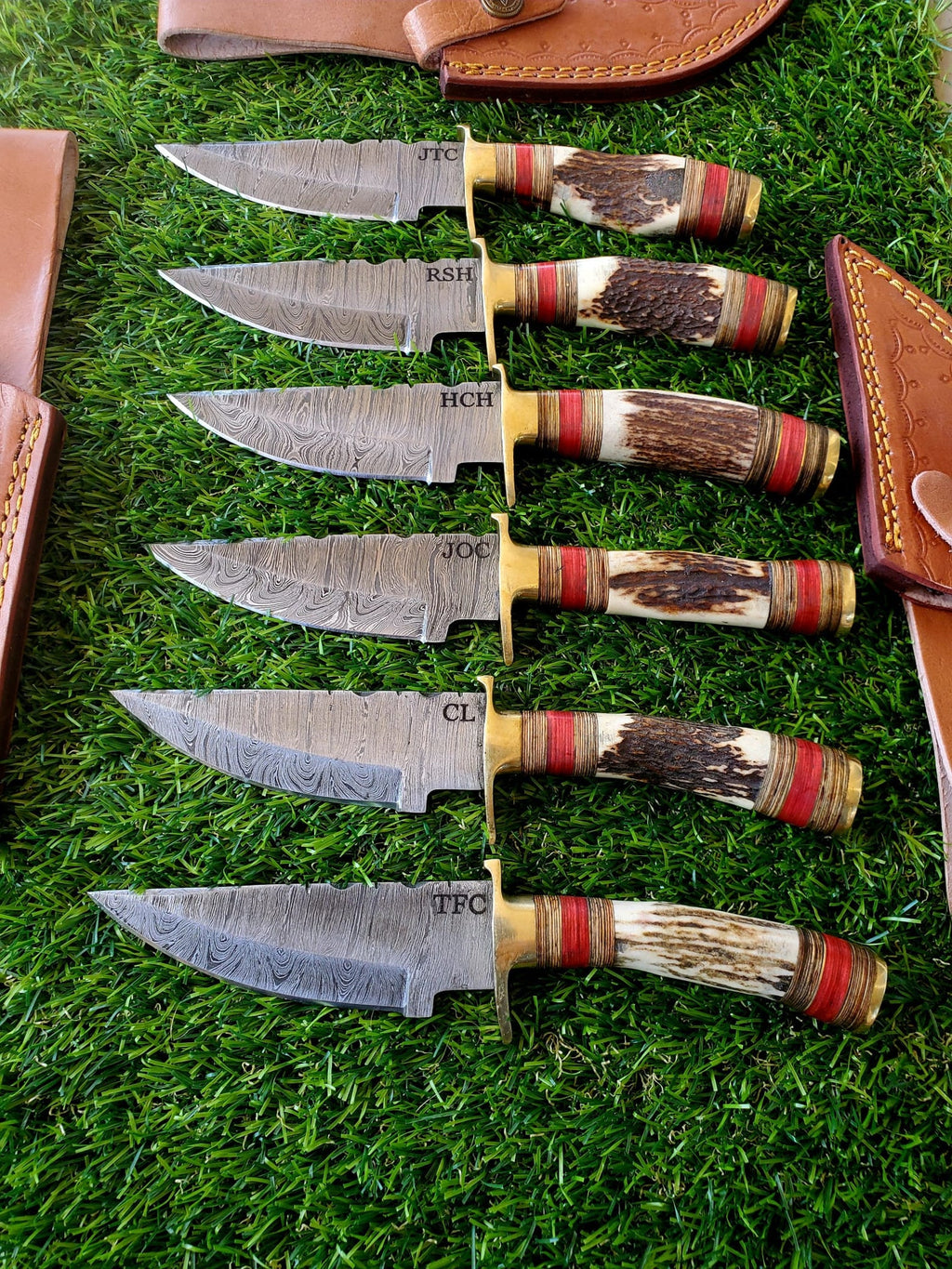 Personalized Set of Groomsmen Damascus Steel Hunting knife Handle Deer Antler