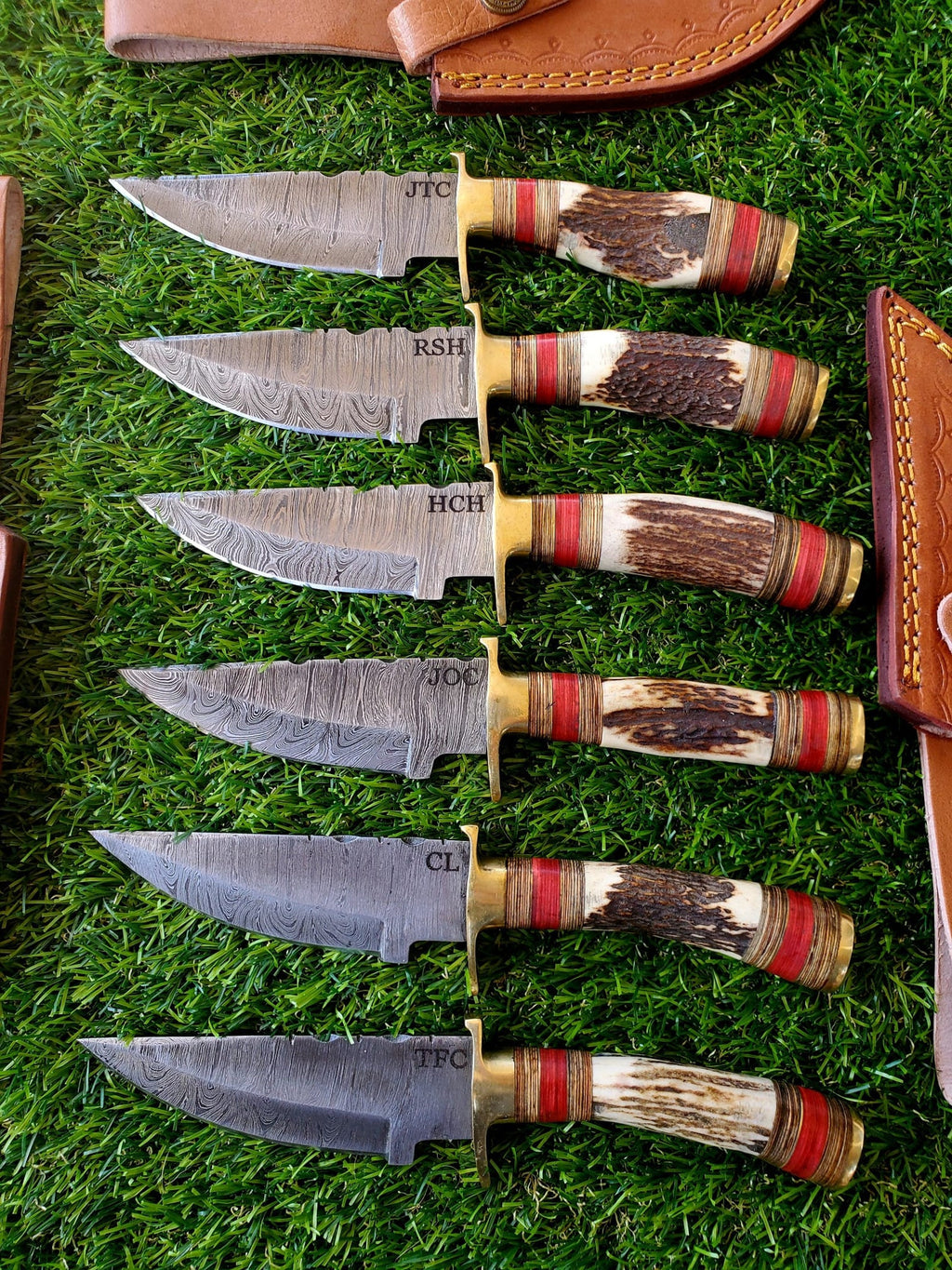 Personalized Set of Groomsmen Damascus Steel Hunting knife Handle Deer Antler