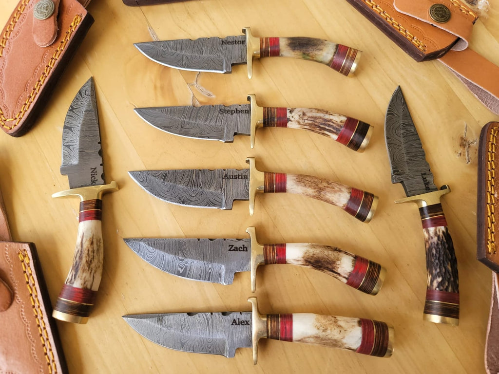 Personalized 8 inch Damascus Steel Hunting knife Handle Deer Antler W leather Cover