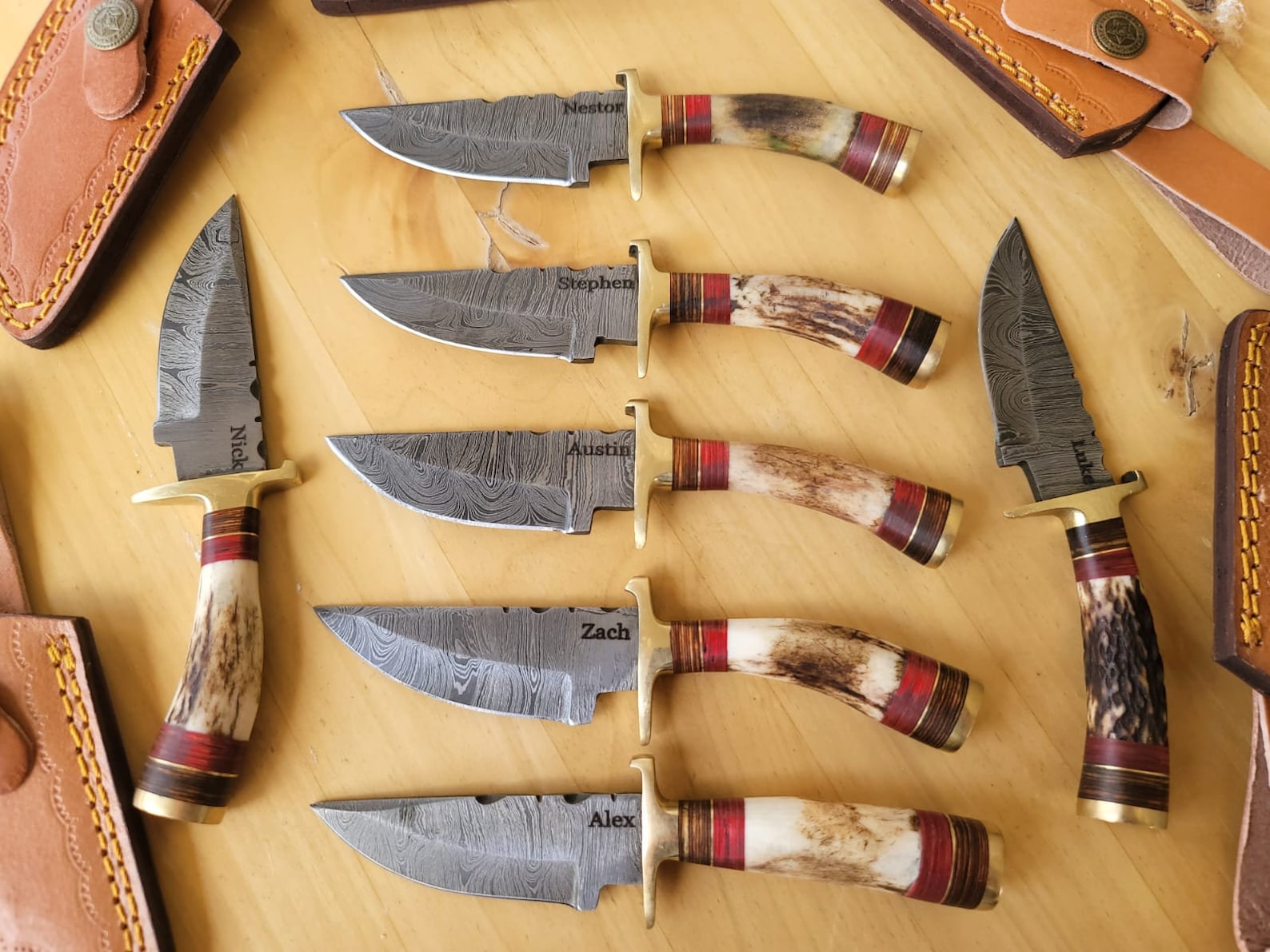 Personalized 8 inch Damascus Steel Hunting knife Handle Deer Antler W leather Cover