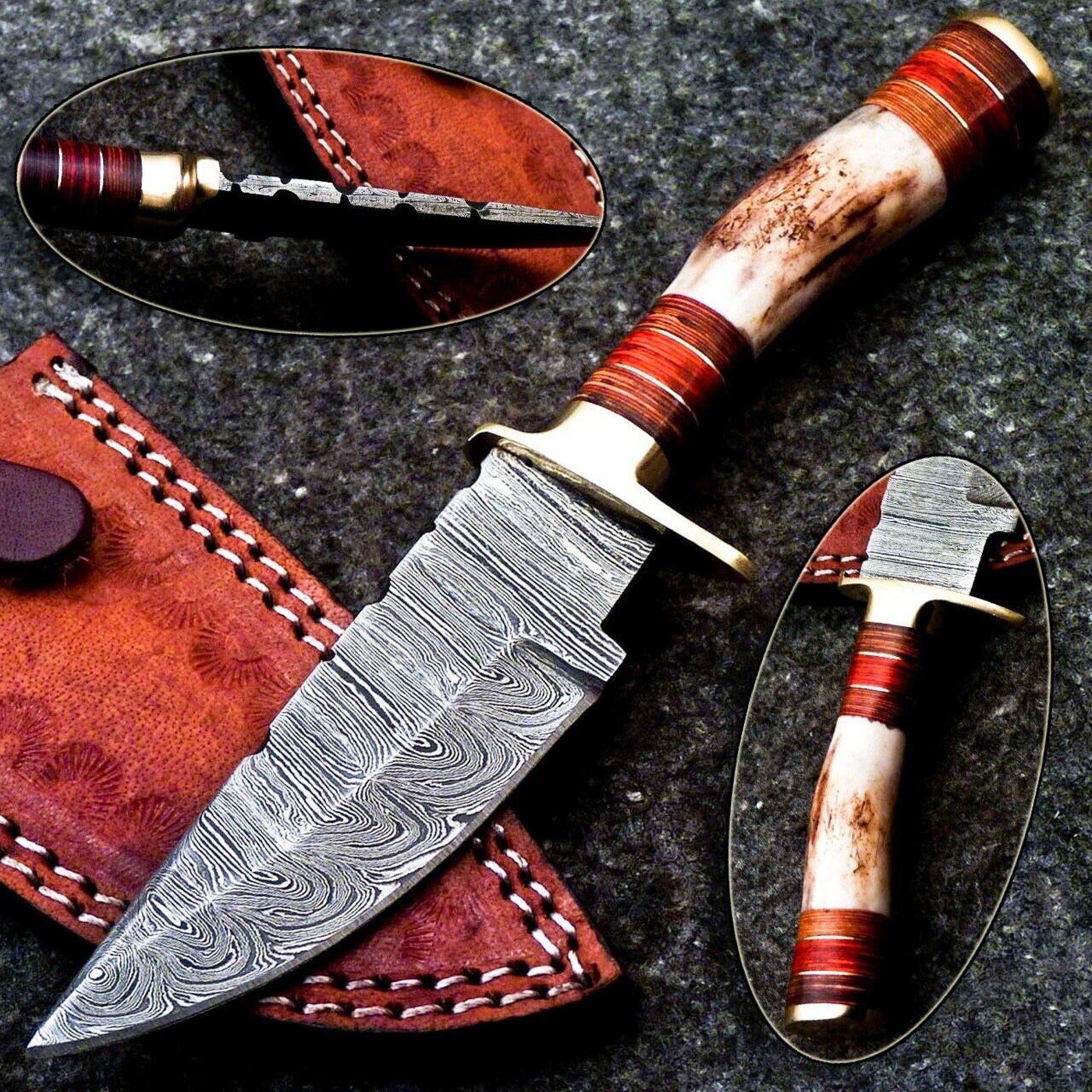 Personalized 8" Damascus Steel Hunting knife Groomsmen Gifts for Wedding, Handle Deer Antler