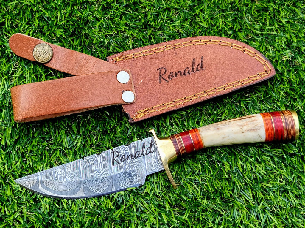 Personalized 8" Damascus Steel Hunting knife Groomsmen Gifts for Wedding, Handle Deer Antler