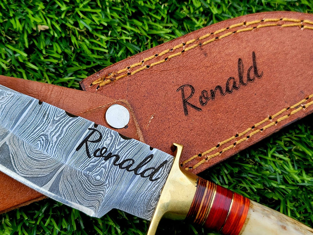 Personalized 8" Damascus Steel Hunting knife Groomsmen Gifts for Wedding, Handle Deer Antler