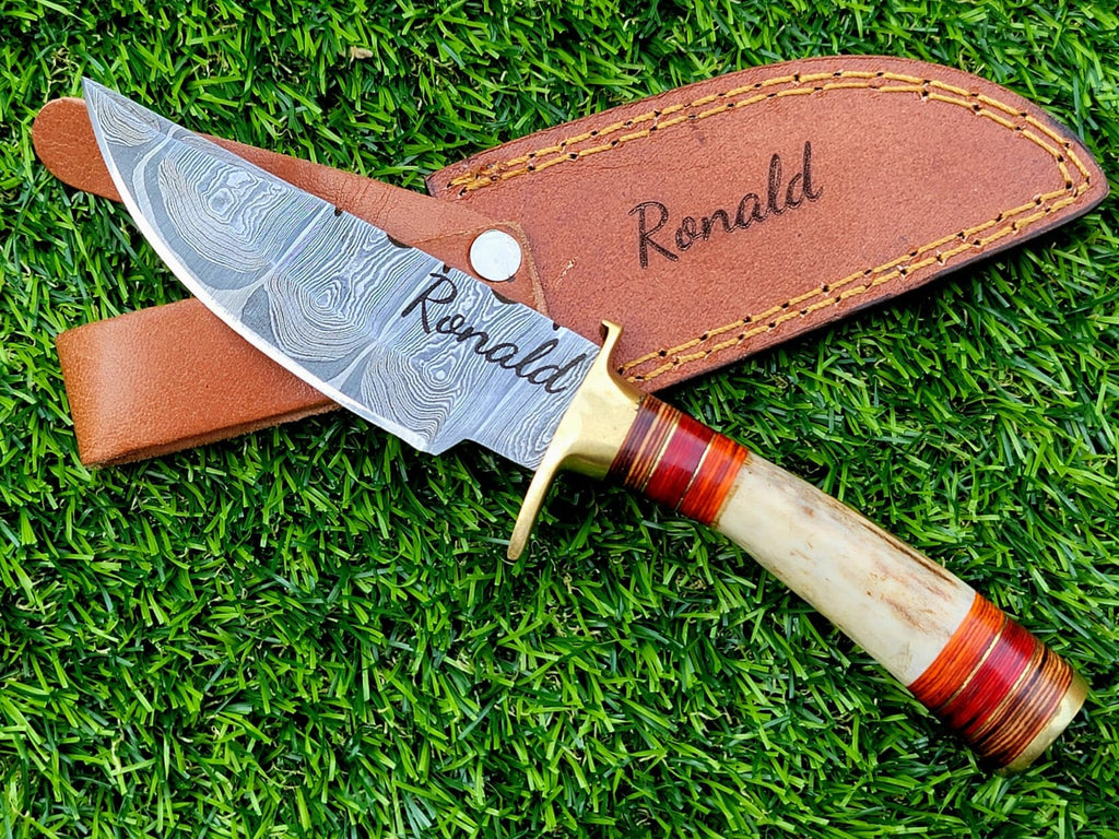 Personalized 8" Damascus Steel Hunting knife Groomsmen Gifts for Wedding, Handle Deer Antler