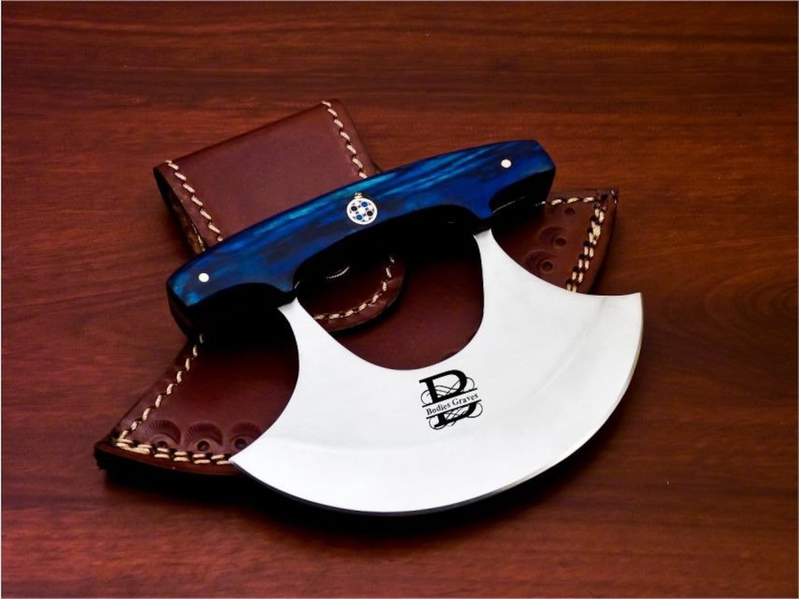 Personalized D2 Chef Kitchen Ulu Knife Chef Knife Heavy Duty D2 Handle Rose Wood with beautiful Leather Sheeth
