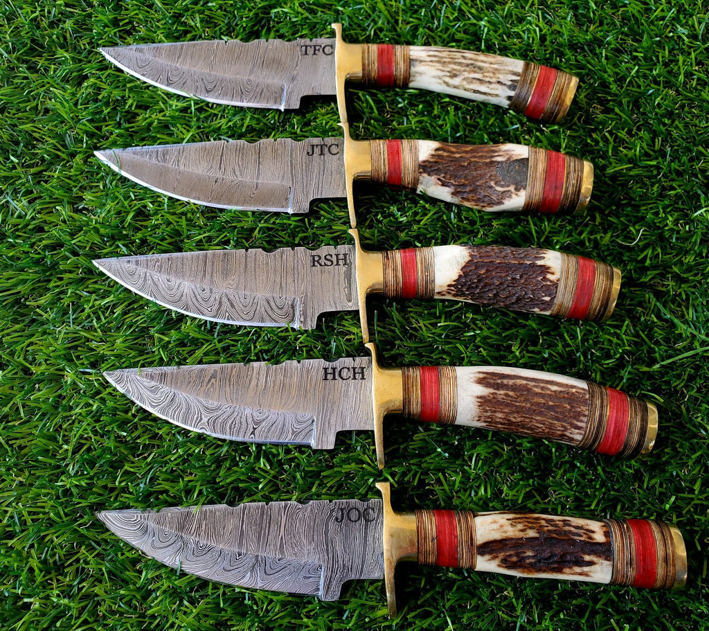 Personalized Set of Groomsmen Damascus Steel Hunting knife Handle Deer Antler