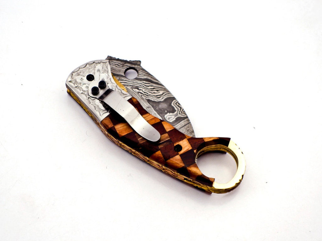 Custom Hand Forged Damascus Karambt knife handle made of wood with Leather Cover Camping Hunting Folding Knife Gift for Him, Grooms man gift