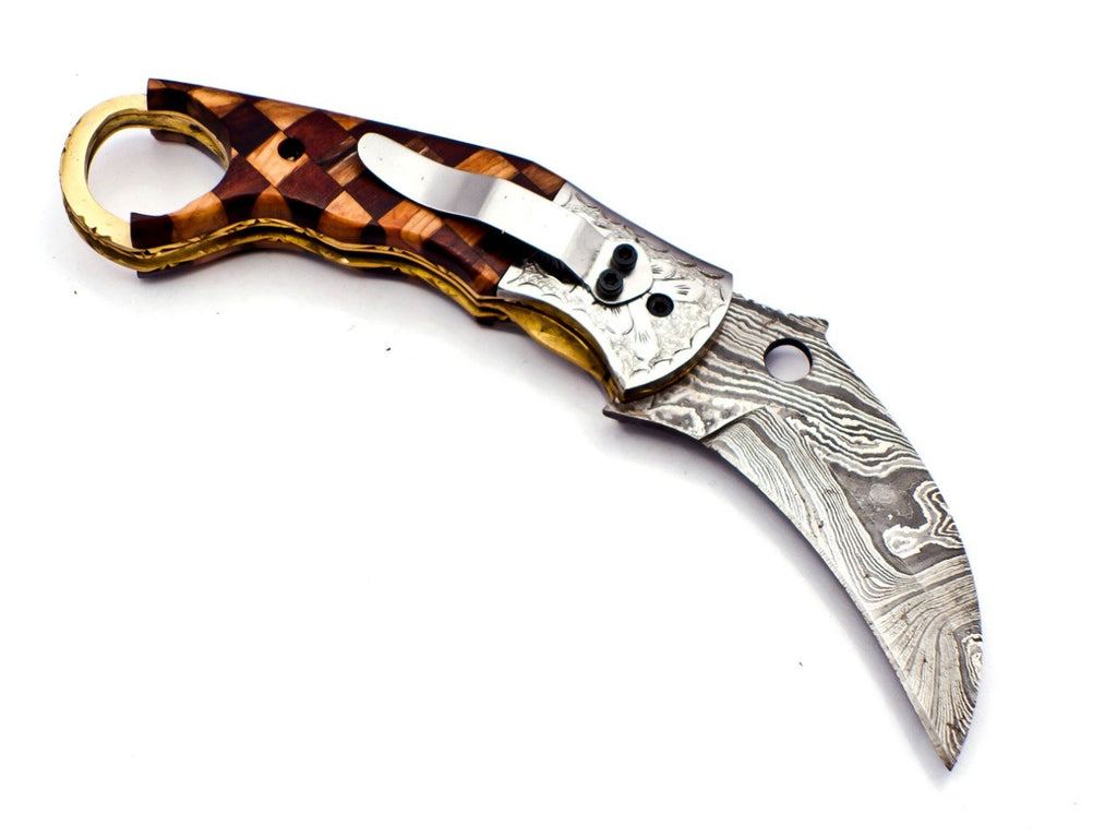 Custom Hand Forged Damascus Karambt knife handle made of wood with Leather Cover Camping Hunting Folding Knife Gift for Him, Grooms man gift