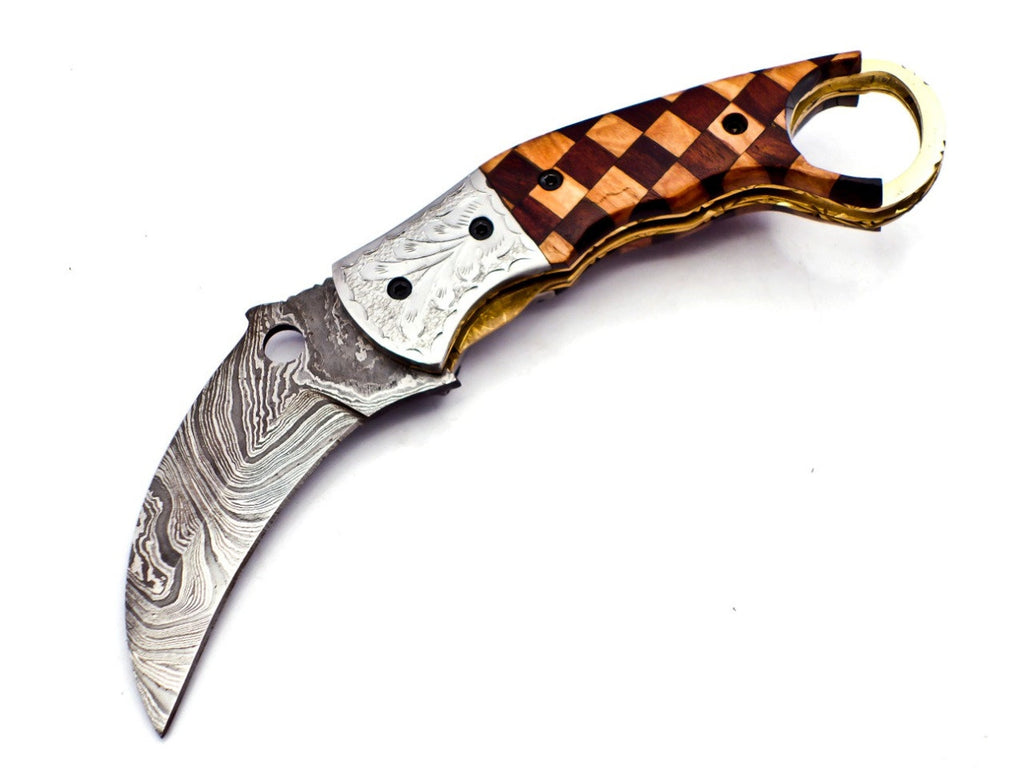 Custom Hand Forged Damascus Karambt knife handle made of wood with Leather Cover Camping Hunting Folding Knife Gift for Him, Grooms man gift